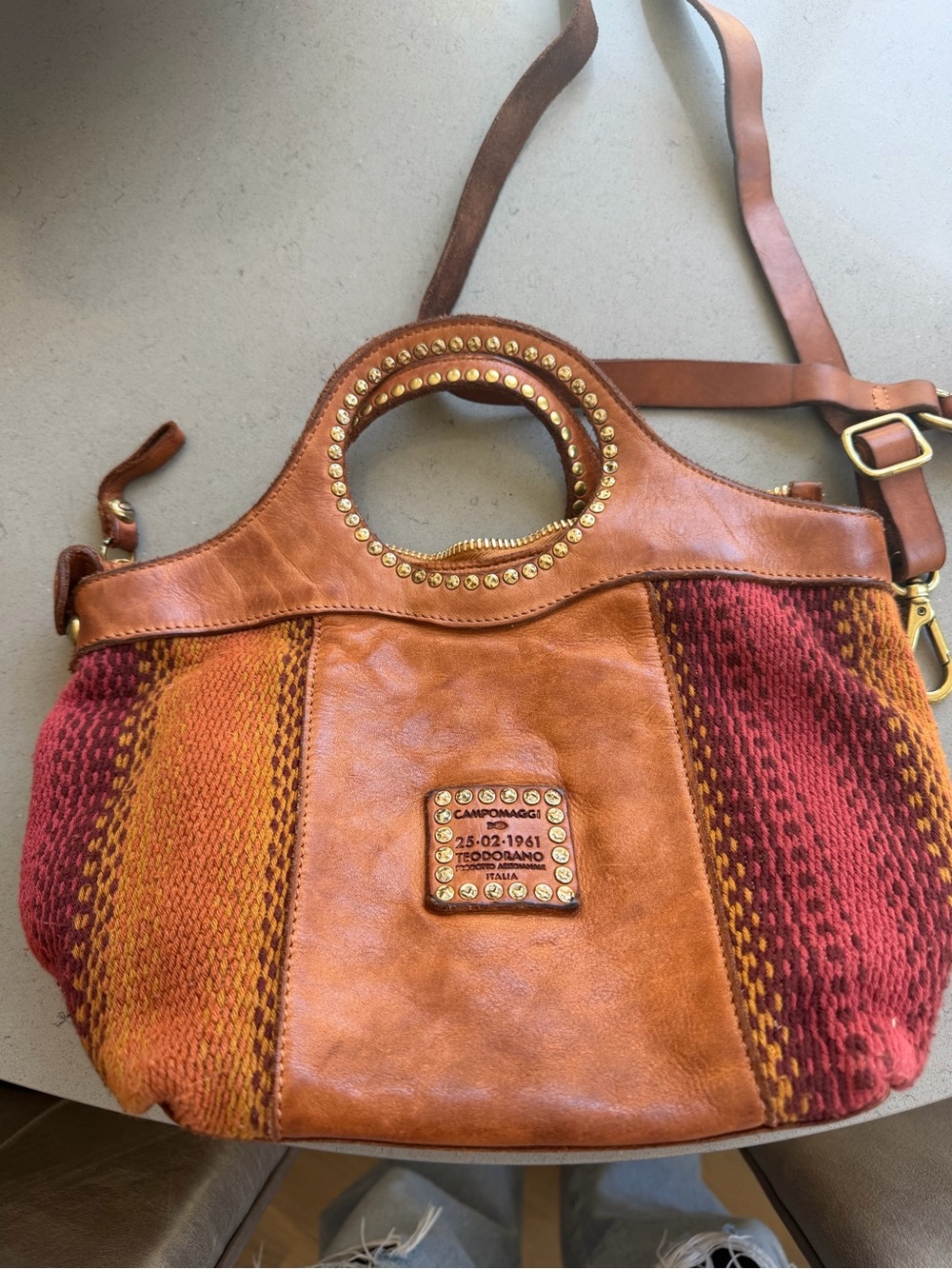 Campomaggi Tan Brown Leather Shoulder Bag with Red & Mustard Woven Panels
